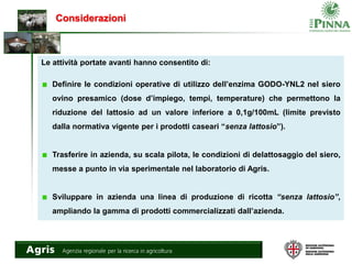 Considerazioni
Le attività portate avanti hanno consentito di:
Definire le condizioni operative di utilizzo dell’enzima GODO-YNL2 nel siero
ovino presamico (dose d’impiego, tempi, temperature) che permettono la
riduzione del lattosio ad un valore inferiore a 0,1g/100mL (limite previsto
dalla normativa vigente per i prodotti caseari “senza lattosio”).
Trasferire in azienda, su scala pilota, le condizioni di delattosaggio del siero,
messe a punto in via sperimentale nel laboratorio di Agris.
Sviluppare in azienda una linea di produzione di ricotta “senza lattosio”,
ampliando la gamma di prodotti commercializzati dall’azienda.
 
