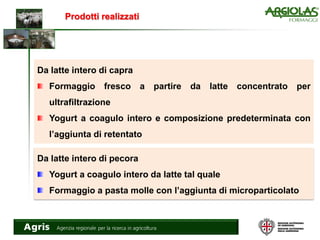 Prodotti realizzati
Da latte intero di capra
Formaggio fresco a partire da latte concentrato per
ultrafiltrazione
Yogurt a coagulo intero e composizione predeterminata con
l’aggiunta di retentato
Da latte intero di pecora
Yogurt a coagulo intero da latte tal quale
Formaggio a pasta molle con l’aggiunta di microparticolato
 