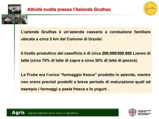 Attività svolta presso l’Azienda Gruthas
L’azienda Gruthas è un’azienda casearia a conduzione familiare
ubicata a circa 5 km dal Comune di Urzulei.
Il livello produttivo del caseificio è di circa 200.000/300.000 L/anno di
latte (circa 70% di latte di capra e circa 30% di latte di pecora).
La Fruhe era l’unico “formaggio fresco” prodotto in azienda, mentre
non erano previsti prodotti a breve periodo di maturazione quali ad
esempio i formaggi a pasta fresca e lo yogurt .
 