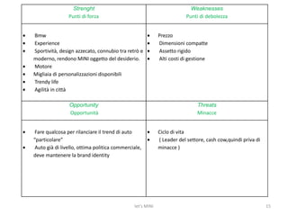 MINI. itL’apparato di navigazione non è semplice e immediato: le informazioni e i modelli mini sono numerosi,rendono il sito dispersivo. Sono presenti talvota navigazioni trasversali complesse. Lo sfondo è sempre nero e i testi hanno font bianco, sono utilizzati pochi colori, solo per le immagini e per le tabelle.10let's MINI