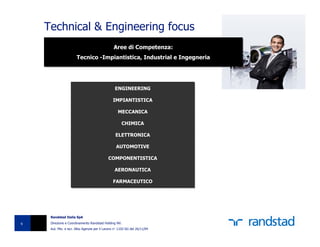 Technical & Engineering focus
                                                 Aree di Competenza:
                                                 Aree di Competenza:
                       Tecnico -Impiantistica, Industrial e Ingegneria
                       Tecnico -Impiantistica, Industrial e Ingegneria
                                                                            RAL




                                                 ENGINEERING
                                                 ENGINEERING

                                                IMPIANTISTICA
                                                IMPIANTISTICA

                                                   MECCANICA
                                                   MECCANICA

                                                      CHIMICA
                                                      CHIMICA

                                                  ELETTRONICA
                                                  ELETTRONICA

                                                  AUTOMOTIVE
                                                  AUTOMOTIVE

                                             COMPONENTISTICA
                                             COMPONENTISTICA

                                                 AERONAUTICA
                                                 AERONAUTICA

                                                FARMACEUTICO
                                                FARMACEUTICO




     Randstad Italia SpA

9    Direzione e Coordinamento Randstad Holding NV.
     Aut. Min. e iscr. Albo Agenzie per il Lavoro n° 1102-SG del 26/11/04
 