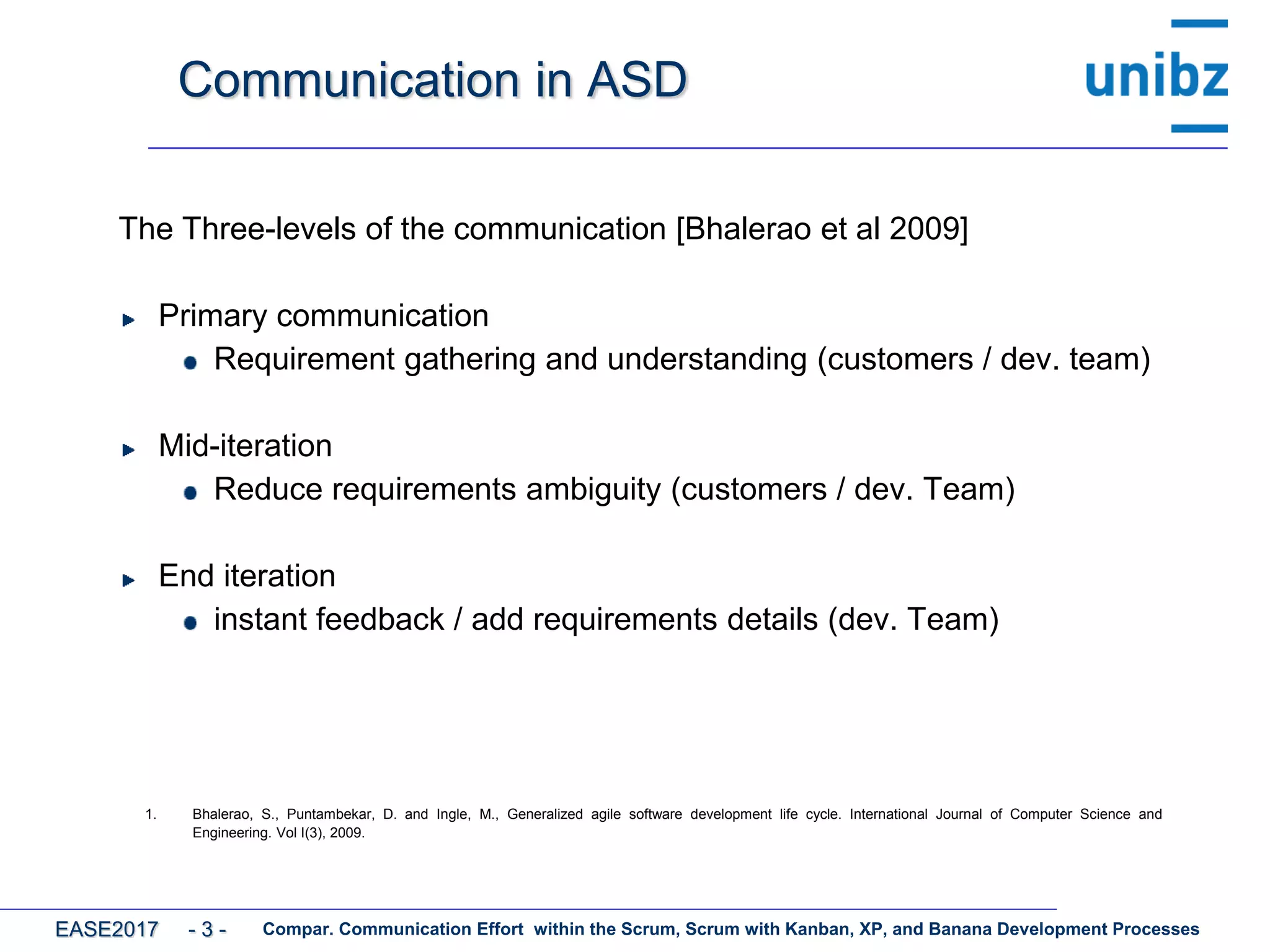 Communication in ASD
The Three-levels of the communication [Bhalerao et al 2009]
Primary communication
Requirement gathering and understanding (customers / dev. team)
Mid-iteration
Reduce requirements ambiguity (customers / dev. Team)
End iteration
instant feedback / add requirements details (dev. Team)
Compar. Communication Effort within the Scrum, Scrum with Kanban, XP, and Banana Development ProcessesEASE2017 - 3 -
1. Bhalerao, S., Puntambekar, D. and Ingle, M., Generalized agile software development life cycle. International Journal of Computer Science and
Engineering. Vol I(3), 2009.
 