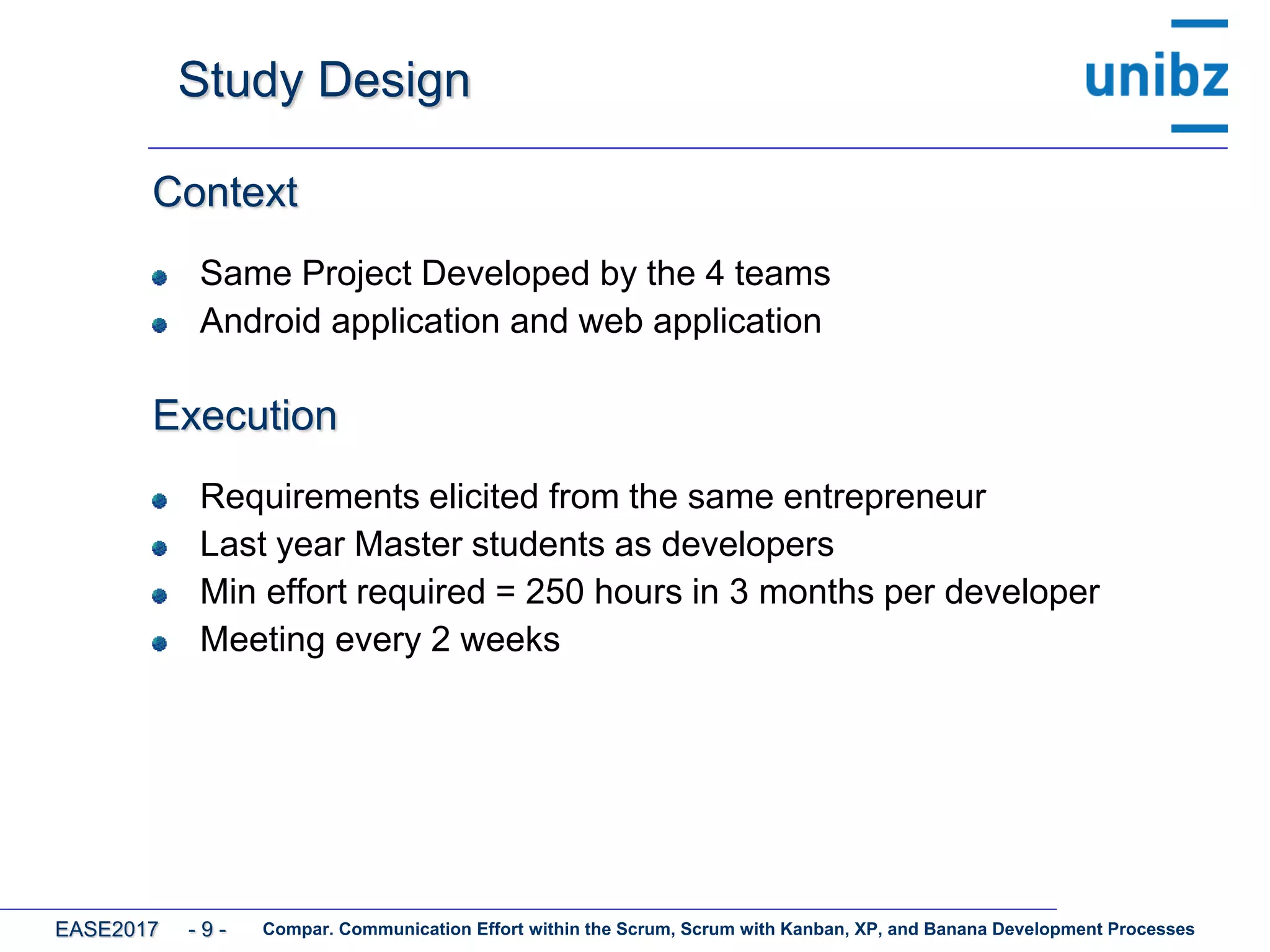 Study Design
Context
Same Project Developed by the 4 teams
Android application and web application
Execution
Requirements elicited from the same entrepreneur
Last year Master students as developers
Min effort required = 250 hours in 3 months per developer
Meeting every 2 weeks
Compar. Communication Effort within the Scrum, Scrum with Kanban, XP, and Banana Development ProcessesEASE2017 - 9 -
 