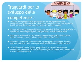 Traguardi per lo 
sviluppo delle 
competenze : 
— Utilizza il linguaggio della geo-graficità per interpretare carte 
geografiche e globo terrestre, realizzare semplici schizzi cartografici e 
carte tematiche, progettare percorsi e itinerari di viaggio 
— Ricava informazioni geografiche da una pluralità di fonti (cartografiche e 
satellitari, tecnologie digitali, fotografiche, artistico-letterarie) 
— Riconosce e denomina i principali <<oggetti>>geografici fisici (fiumi, 
monti, pianure, coste, colline, laghi, mari, oceani, ecc.) 
— Individua i caratteri che connotano i paesaggi (di montagna, collina, 
pianura, vulcanici, ecc.) con particolare attenzione a quelli italiani 
— Si rende conto che lo spazio geografico è un sistema territoriale, 
costituito da elementi fisici e antropici legati da rapporti di connessione 
e/o di interdipendenza 
 