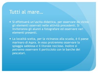 Tutti al mare… 
— Si effettuerà un’uscita didattica, per osservare da vicino 
gli elementi osservati nelle attività precedenti. Si 
inviteranno gli alunni a fotografare ed osservare vari 
elementi presenti. 
— La località scelta, per la vicinanza alla scuola, è il paese 
marinaro di Aspra. In esso protremmo osservare la 
spiaggia sabbiosa e il litorale roccioso. Inoltre si 
potranno osservare il porticciolo con le barche dei 
pescatori. 
 