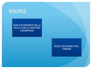 RISORSE 
RUOLO ECONOMICO DELLA 
PESCA E DELLE INDUSTRIE 
CONSERVIERE 
RUOLO ECONOMICO DEL 
TURISMO 
 