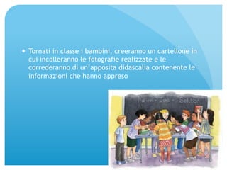 — Tornati in classe i bambini, creeranno un cartellone in 
cui incolleranno le fotografie realizzate e le 
correderanno di un’apposita didascalia contenente le 
informazioni che hanno appreso 
 