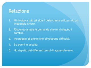 Relazione 
1. Mi rivolgo a tutti gli alunni della classe utilizzando un 
linguaggio chiaro. 
2. Rispondo a tutte le domande che mi rivolgono i 
bambini. 
3. Incoraggio gli alunni che dimostrano difficoltà. 
4. So pormi in ascolto. 
5. Ho rispetto dei differenti tempi di apprendimento. 
 
