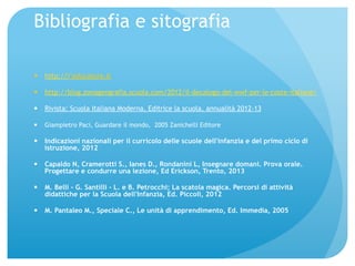 Bibliografia e sitografia 
— http://l’educatore.it 
— http://blog.zonageografia.scuola.com/2012/il-decalogo-del-wwf-per-le-coste-italiane/ 
— Rivista: Scuola Italiana Moderna, Editrice la scuola, annualità 2012-13 
— Giampietro Paci, Guardare il mondo, 2005 Zanichelli Editore 
— Indicazioni nazionali per il curricolo delle scuole dell'infanzia e del primo ciclo di 
istruzione, 2012 
— Capaldo N, Cramerotti S., Ianes D., Rondanini L, Insegnare domani. Prova orale. 
Progettare e condurre una lezione, Ed Erickson, Trento, 2013 
— M. Belli - G. Santilli - L. e B. Petrocchi; La scatola magica. Percorsi di attività 
didattiche per la Scuola dell'Infanzia, Ed. Piccoli, 2012 
— M. Pantaleo M., Speciale C., Le unità di apprendimento, Ed. Immedia, 2005 
