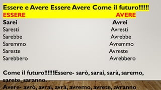 Essere e Avere Essere Avere Come il futuro!!!!!!
ESSERE AVERE
Sarei Avrei
Saresti Avresti
Sarebbe Avrebbe
Saremmo Avremmo
Sareste Avreste
Sarebbero Avrebbero
Come il futuro!!!!!!Essere- sarò, sarai, sarà, saremo,
sarete, saranno.
Avere- avrò, avrai, avrà, avremo, avrete, avranno
 