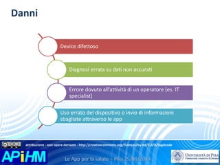 Danni 
Device difettoso 
Diagnosi errata su dati non accurati 
Errore dovuto all’attività di un operatore (es. IT 
specialist) 
Uso errato del dispositivo o invio di informazioni 
sbagliate attraverso le app 
attribuzione - non opere derivate - http://creativecommons.org/licenses/by-nd/3.0/it/legalcode 
 