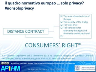 il quadro normativo europeo … solo privacy? 
#nonsoloprivacy 
DISTANCE CONTRACT 
 The main characteristics of 
the app 
 The identity of the trader 
 The total price 
 The conditions for 
exercising that right and 
the model withdrawal form 
 … 
CONSUMERS’ RIGHT* 
* il Decreto Legislativo del 3 dicembre 2013 ha appunto recepito la suddetta Direttiva 
2011/83/UE, che va a modificare gli art. da 45 a 67 del Codice del Consumo 
attribuzione - non opere derivate - http://creativecommons.org/licenses/by-nd/3.0/it/legalcode 
 