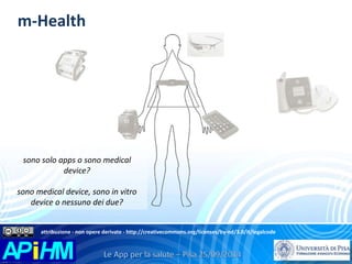 m-Health 
sono solo apps o sono medical 
device? 
sono medical device, sono in vitro 
device o nessuno dei due? 
attribuzione - non opere derivate - http://creativecommons.org/licenses/by-nd/3.0/it/legalcode 
 