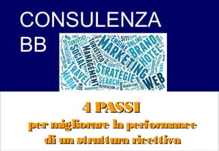 4 PASSI4 PASSI
permigliorare lapermigliorare la performanceperformance
di un struttura ricettivadi un struttura ricettiva
CONSULENZA
BB
 