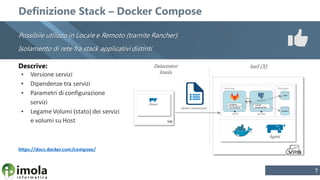 7
Definizione Stack – Docker Compose
Descrive:
▪ Versione servizi
▪ Dipendenze tra servizi
▪ Parametri di configurazione
s...