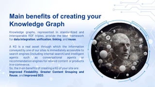 Main benefits of creating your
Knowledge Graph
Knowledge graphs, represented in standardized and
interoperable RDF triples...