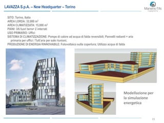 15
LAVAZZA S.p.A. – New Headquarter – Torino
SITO: Torino, Italia
AREA LORDA: 32,000 m2
AREA CLIMATIZZATA: 15,000 m2
PIANI: 3/6 fuori terra+ 2 interrati
USO PRIMARIO: Uffici
SISTEMA DI CLIMATIZZAZIONE: Pompe di calore ad acqua di falda reversibili; Pannelli radianti + aria
primaria per uffici / Tutt’aria per sale riunioni.
PRODUZIONE DI ENERGIA RINNOVABILE: Fotovoltaico sulla copertura; Utilizzo acqua di falda
Modellazione per
la simulazione
energetica
 