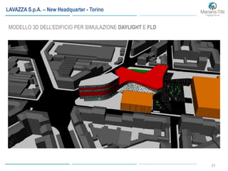 27
MODELLO 3D DELL’EDIFICIO PER SIMULAZIONE DAYLIGHT E FLD
LAVAZZA S.p.A. – New Headquarter - Torino
 