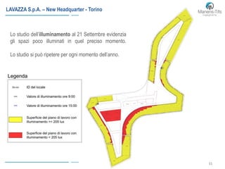 31
LAVAZZA S.p.A. – New Headquarter - Torino
Lo studio dell’illuminamento al 21 Settembre evidenzia
gli spazi poco illuminati in quel preciso momento.
Lo studio si può ripetere per ogni momento dell’anno.
 