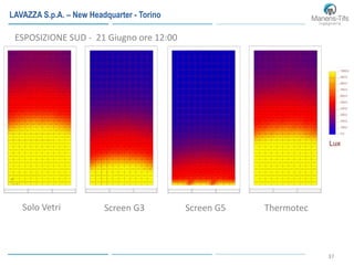 37
ESPOSIZIONE SUD - 21 Giugno ore 12:00
Solo Vetri Screen G3 Screen G5 Thermotec
LAVAZZA S.p.A. – New Headquarter - Torino
 
