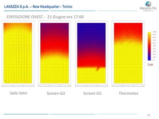 40
ESPOSIZIONE OVEST - 21 Giugno ore 17:00
Solo Vetri Screen G3 Screen G5 Thermotec
LAVAZZA S.p.A. – New Headquarter - Torino
 