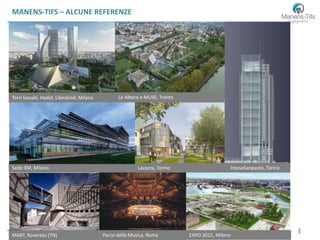 44
MANENS-TIFS – ALCUNE REFERENZE
MART, Rovereto (TN)
Torri Isozaki, Hadid, Libeskind, Milano
Lavazza, Torino
Le Albere e MUSE, Trento
IntesaSanpaolo, TorinoSede 3M, Milano
Parco della Musica, Roma EXPO 2015, Milano
 