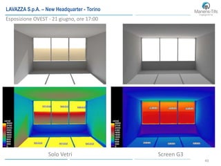 43
Stato di fatto
Solo Vetri Screen G3
Esposizione OVEST - 21 giugno, ore 17:00
LAVAZZA S.p.A. – New Headquarter - Torino
 