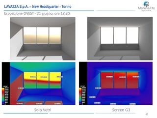45
Stato di fatto
Solo Vetri Screen G3
Esposizione OVEST - 21 giugno, ore 18:30
LAVAZZA S.p.A. – New Headquarter - Torino
 