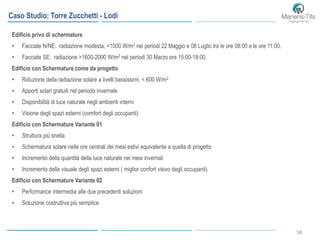 58
Caso Studio: Torre Zucchetti - Lodi
Edificio privo di schermature
• Facciate N/NE: radiazione modesta, <1000 W/m2 nei periodi 22 Maggio e 08 Luglio tra le ore 08:00 e le ore 11:00.
• Facciate SE: radiazione >1600-2000 W/m2 nel periodi 30 Marzo ore 15:00-18:00.
Edificio con Schermature come da progetto
• Riduzione della radiazione solare a livelli bassissimi, < 600 W/m2
• Apporti solari gratuiti nel periodo invernale
• Disponibilità di luce naturale negli ambienti interni
• Visione degli spazi esterni (comfort degli occupanti)
Edificio con Schermature Variante 01
• Struttura più snella
• Schermatura solare nelle ore centrali dei mesi estivi equivalente a quella di progetto
• Incremento della quantità della luce naturale nei mesi invernali
• Incremento della visuale degli spazi esterni ( miglior confort visivo degli occupanti)
Edificio con Schermature Variante 02
• Performance intermedia alle due precedenti soluzioni
• Soluzione costruttiva più semplice
 