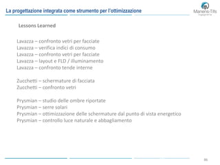 8686
La progettazione integrata come strumento per l’ottimizzazione
Lessons Learned
Lavazza – confronto vetri per facciate
Lavazza – verifica indici di consumo
Lavazza – confronto vetri per facciate
Lavazza – layout e FLD / illuminamento
Lavazza – confronto tende interne
Zucchetti – schermature di facciata
Zucchetti – confronto vetri
Prysmian – studio delle ombre riportate
Prysmian – serre solari
Prysmian – ottimizzazione delle schermature dal punto di vista energetico
Prysmian – controllo luce naturale e abbagliamento
 