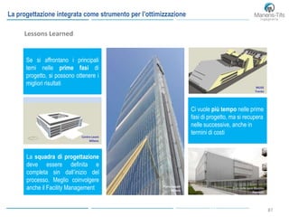 8787
La progettazione integrata come strumento per l’ottimizzazione
Ci vuole più tempo nelle prime
fasi di progetto, ma si recupera
nelle successive, anche in
termini di costi
Se si affrontano i principali
temi nelle prime fasi di
progetto, si possono ottenere i
migliori risultati
La squadra di progettazione
deve essere definita e
completa sin dall’inizio del
processo. Meglio coinvolgere
anche il Facility Management
MUSE
Trento
Centro Leoni
Milano
Polo delle Luce iGuzzini
Recanati
Torre Isozaki
Milano
Lessons Learned
 