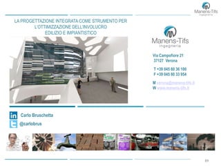 89
Via Campofiore 21
37127 Verona
T +39 045 80 36 100
F +39 045 80 33 954
M verona@manens-tifs.it
W www.manens-tifs.it
LA PROGETTAZIONE INTEGRATA COME STRUMENTO PER
L’OTTIMIZZAZIONE DELL’INVOLUCRO
EDILIZIO E IMPIANTISTICO
@carlobrus
Carlo Bruschetta
 
