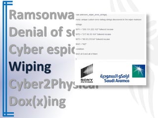 Ramsonware
Denial of service
Cyber espionage
Wiping
Cyber2Physical
Dox(x)ing
 