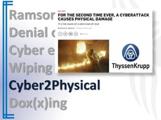 Ramsonware
Denial of service
Cyber espionage
Wiping
Cyber2Physical
Dox(x)ing
 