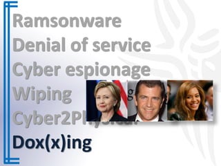 Ramsonware
Denial of service
Cyber espionage
Wiping
Cyber2Physical
Dox(x)ing
 