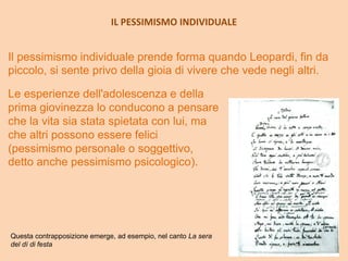 IL PESSIMISMO INDIVIDUALE
Il pessimismo individuale prende forma quando Leopardi, fin da
piccolo, si sente privo della gioia di vivere che vede negli altri.
Questa contrapposizione emerge, ad esempio, nel canto La sera
del dì di festa
Le esperienze dell'adolescenza e della
prima giovinezza lo conducono a pensare
che la vita sia stata spietata con lui, ma
che altri possono essere felici
(pessimismo personale o soggettivo,
detto anche pessimismo psicologico).
 