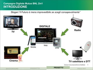Campagna Digitale Mutuo BNL 2in1
INTRODUZIONE
      Slogan:“Il Futuro è meno imprevedibile se scegli consapevolmente”




                                 DIGITALE
                                                                            Radio
      TV




                                    Web
                        Mobile                 ATM




    Cinema                                                       TV satellitare e DTT
                                                         Direzione Comunicazione/Servizio NewMedia   11


                        PRODOTTO              PROGETTO
  BACKGROUND                                                                      RISULTATI
 