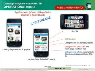 Campagna Digitale Mutuo BNL 2in1
 OPERATIONS: MOBILE                                             FASE MANTENIMENTO
             Applicazione Iphone di Repubblica
                   classica e Sport Dirette

                                            M ANE
                                      SE TTI
                                  3

                                                                                      Spot TV



                                                                          Call to Action

                                                                          Collegamento alla scheda prodotto

                                                                          Collegamento a YouTube alla
Landing Page dedicata 2° pagina                                           watch page creata ad hoc
                                                                          Collegamento a flickr contenente le
                                                                          foto del backstage del Mutuo BNL
                                                                          2in1
                            Landing Page dedicata 2° pagina


                                              Fonte: interna               Direzione Comunicazione/Servizio NewMedia   24


                                  PRODOTTO                     PROGETTO
    BACKGROUND                                                                                      RISULTATI
 