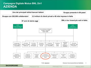 Campagna Digitale Mutuo BNL 2in1
 AZIENDA
            Uno dei principali istituti bancari italiani                             Gruppo presente in 84 paesi

Gruppo con 202.000 collaboratori       2,5 milioni di clienti privati e 40 mila imprese in Italia

                         97 anni di storia oggi                                 BNL è tra i brand più noti in Italia




                                                     Fonte: www.bnl.it              Direzione Comunicazione/Servizio NewMedia   3

    BACKGROUND
                                    PRODOTTO                             PROGETTO                            RISULTATI
 