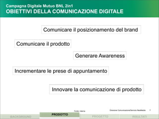 Campagna Digitale Mutuo BNL 2in1
OBIETTIVI DELLA COMUNICAZIONE DIGITALE


                 Comunicare il posizionamento del brand

    Comunicare il prodotto

                                    Generare Awareness

    Incrementare le prese di appuntamento


                     Innovare la comunicazione di prodotto


                                   Fonte: interna              Direzione Comunicazione/Servizio NewMedia   7

                     PRODOTTO
  BACKGROUND                                        PROGETTO                            RISULTATI
 