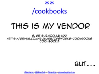 **
/cookbooks
This is my vendor
$. git submodule add
https://github.com/GianArb/opsworks-cookbooks
cookbooks
But““
Gianluc...