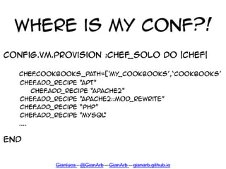 Where is my Conf?!
config.vm.provision :chef_solo do |chef|
Chef.cookbooks_path=[‘my_cookbooks’,‘cookbooks’
chef.add_recip...