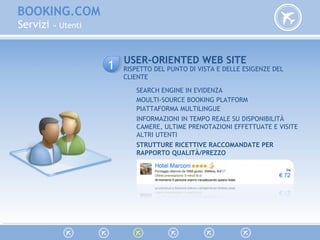 BOOKING.COM
Servizi » Utenti
USER-ORIENTED WEB SITE
SEARCH ENGINE IN EVIDENZA
MOULTI-SOURCE BOOKING PLATFORM
RISPETTO DEL PUNTO DI VISTA E DELLE ESIGENZE DEL
CLIENTE
PIATTAFORMA MULTILINGUE
INFORMAZIONI IN TEMPO REALE SU DISPONIBILITÀ
CAMERE, ULTIME PRENOTAZIONI EFFETTUATE E VISITE
ALTRI UTENTI
STRUTTURE RICETTIVE RACCOMANDATE PER
RAPPORTO QUALITÀ/PREZZO
11
 