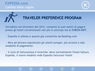 EXPEDIA.com
Cambio delle regole
TRAVELER PREFERENCE PROGRAMTRAVELER PREFERENCE PROGRAM
Introdotto nel dicembre del 2012, consente ai suoi utenti di pagare
presso gli hotel convenzionati non più in anticipo ma al CHECK-OUT.
- Expedia si allinea a quanto già consentito da Booking.com
- Mira ad attirare soprattutto gli utenti europei, più avvezzi a tale
modalità di pagamento
- Il ciclo di fatturazione è invertito: dove normalmente l'hotel fattura
Expedia, il nuovo modello vede Expedia fatturare l'hotel
 