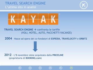 TRAVEL SEARCH ENGINE
L’ultimo sito in analisi
2004 – Nasce ad opera dei co-fondatori di EXPEDIA, TRAVELOCITY e ORBITZ
2012 – L’8 novembre viene acquistato dalla PRICELINE
(proprietaria di BOOKING.com)
TRAVEL SEARCH ENGINE  confronta le tariffe
(VOLI, HOTEL, AUTO, PACCHETTI VACANZE)
 