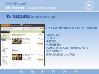 KAYAK.com
Sito internet « Analisi elementi principali
Es. VACANZAEs. VACANZA (NOVITA’ DEL SITO)
RISULTATI ORDINATI IN BASE AL CRITERIO:
-LOCALITA’
-STELLE
-PREZZO
-ATMOSFERA
(FAMIGLIA, LUSSO, BUSINESS etc.)
-RECENSIONE
(TRIPADVISOR o ALTRO)
 