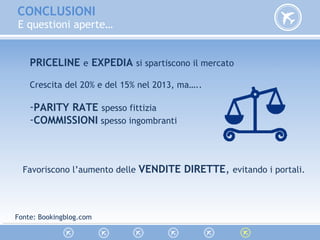 CONCLUSIONI
PRICELINE e EXPEDIA si spartiscono il mercato
Crescita del 20% e del 15% nel 2013, ma…..
-PARITY RATE spesso fittizia
-COMMISSIONI spesso ingombranti
Favoriscono l’aumento delle VENDITE DIRETTE, evitando i portali.
Fonte: Bookingblog.com
E questioni aperte…
 