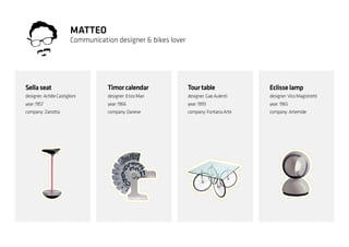 Eclisselamp
designer: Vico Magistretti
year: 1965
company: Artemide
Tourtable
designer:GaeAulenti
year:1993
company:FontanaArte
Timorcalendar
designer:EnzoMari
year:1966
company:Danese
Sellaseat
designer:AchilleCastiglioni
year:1957
company:Zanotta
MATTEO
Communication designer & bikes lover
 