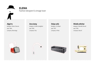 ELENA
Fashion designer & vintage lover
Mirellastitcher
designer: Marcello Nizzoli
year: 1956
company: Necchi
Stripssofa
designer:CiniBoeri
year:1972
company:Arflex
Arcolamp
designer:AchilleCastiglioni
year:1962
company:Flos
Algoltv
designer:MarcoZanuso
year:1964
company:Brionvega
 