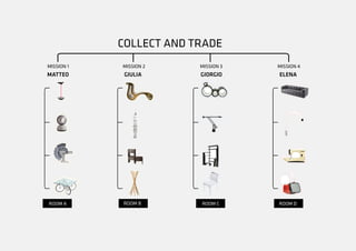 MATTEO GIULIA GIORGIO ELENA
COLLECT AND TRADE
ROOM B ROOM C ROOM DROOM A
MISSION 1 MISSION 2 MISSION 3 MISSION 4
 